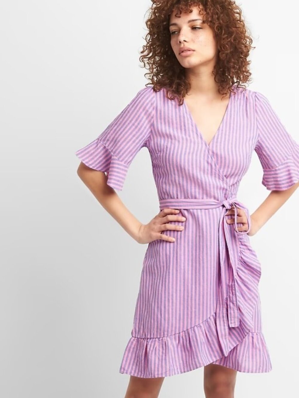GAP | Ruffle Wrap Dress in Linen-Cotton | Purple & Pink Striped | Size XL